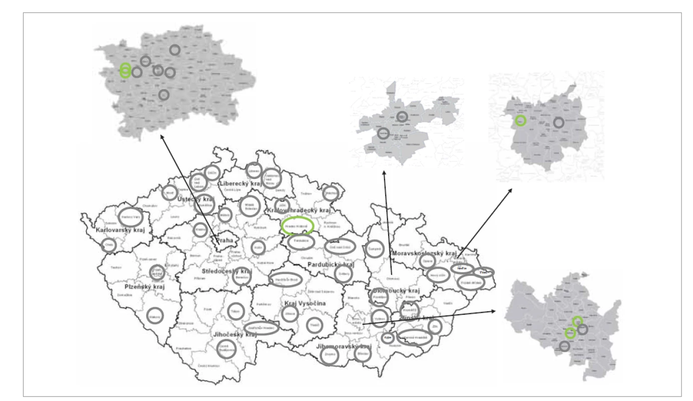 Pracoviště provádějící kochleární implantáty (zelená – provádějící, šedá – neprovádějící).<br>
Fig. 8. Departments performing cochlear implantation (green – perform, grey – do not perform).