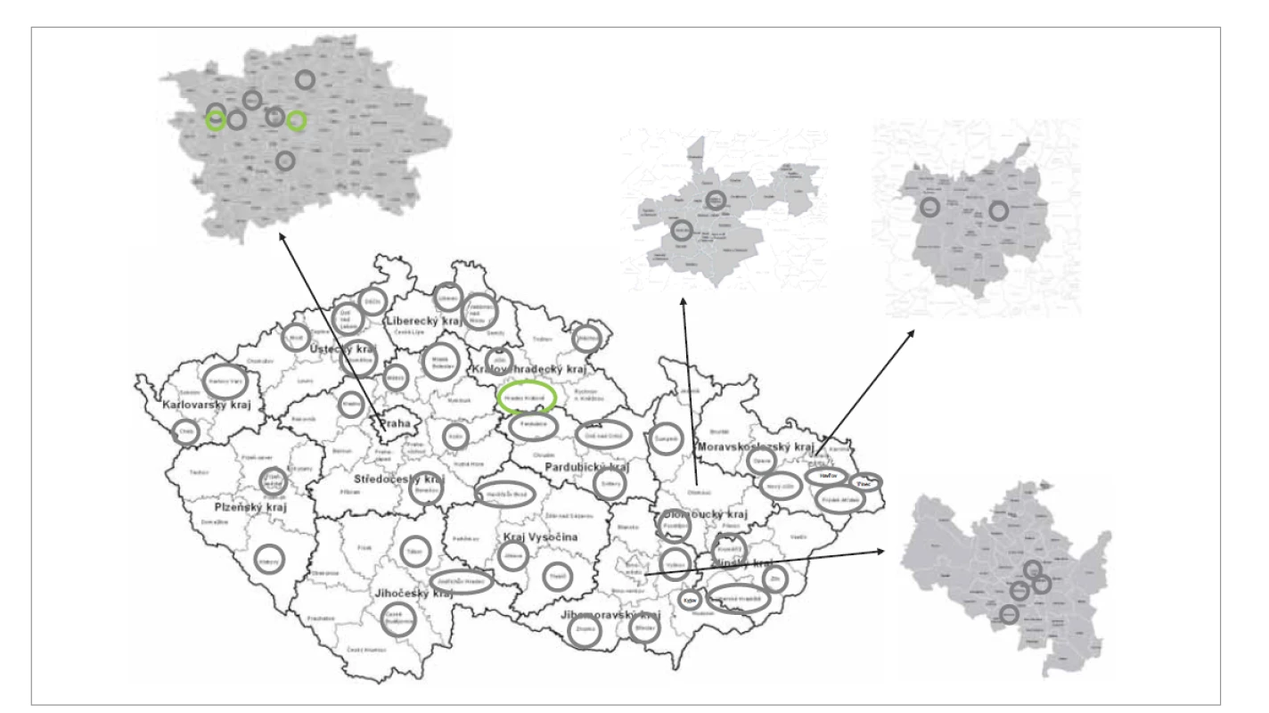 Pracoviště provádějící translabyrintární přístup u operací vestibulárního schwannomu (zelená – provádějící,
šedá – neprovádějící).<br>
Fig. 10. Departments performing vestibular schwannoma surgery using translabyrinthine approach (green – perform, grey –
do not perform).