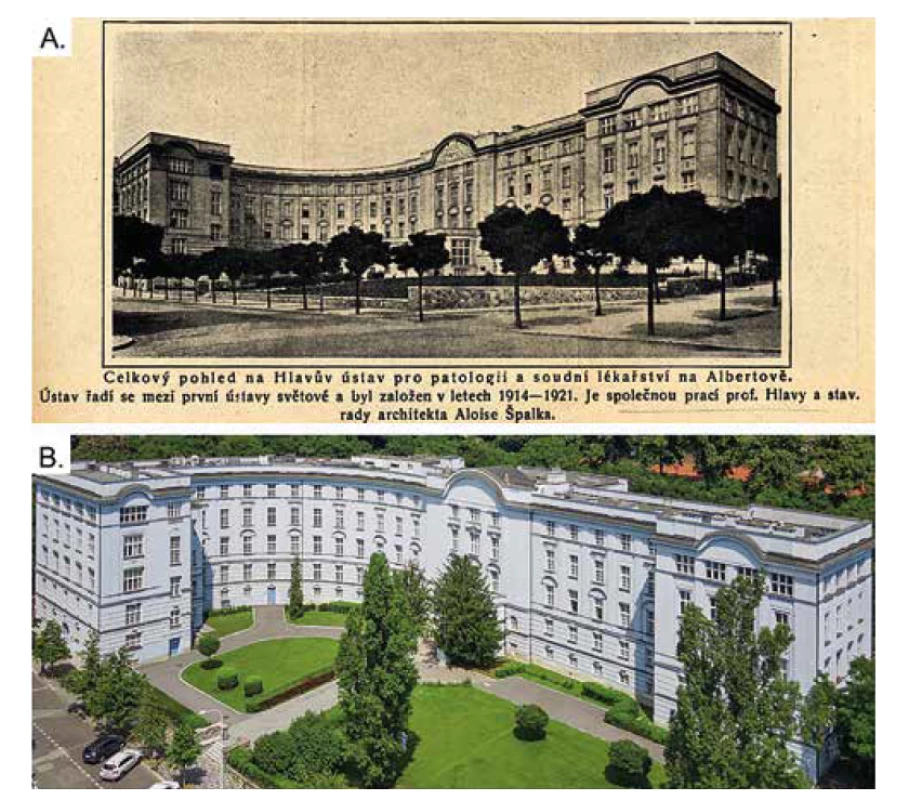 Hlavův ústav. A - dobová fotografie. B - fotografie z roku 2021.