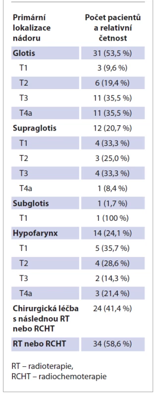 Lokalizace a rozsah primárního
tumoru a léčba.<br>
Tab. 3. Location and extent of the
primary tumor and treatment.