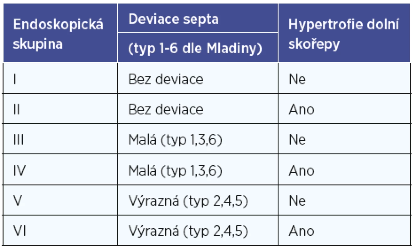Nově navržená klasifikace endoskopického obrazu nosní
dutiny vztažená k nosní průchodnosti.
