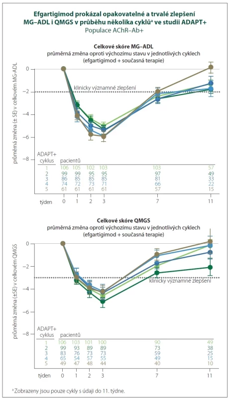 Vývoj MG-ADL (A) a QMGS (B) během 11 týdnů (upraveno podle [17]).<br>
AChR-Ab – protilátky proti acetylcholinovým receptorům; MG-ADL – Myasthenia Gravis Activities
of Daily Living; QMGS – The Quantitative Myasthenia Gravis Score; SE – směrodatná chyba<br>
Fig. 2. Development of MG-ADL (A) and QMGS (B) during the course of 11 weeks (modified from [17]).<br>
AChR-Ab – acetylcholine receptor antibodies; MG-ADL – Myasthenia Gravis Activities of
Daily Living; QMGS – The Quantitative Myasthenia Gravis Score; SE – standard error