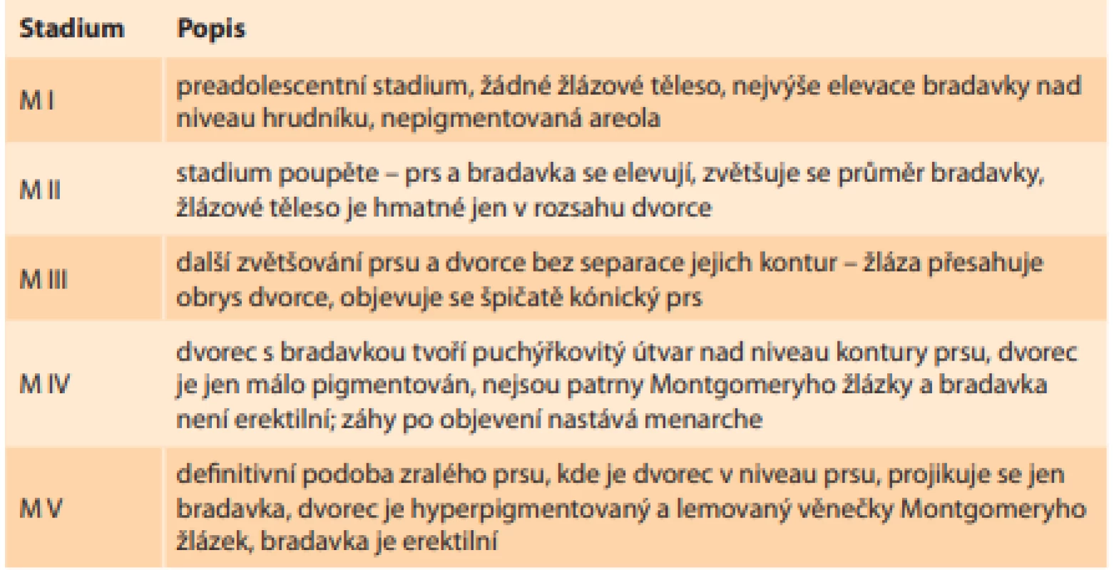 Hodnocení vývoje prsou podle Tannera.
Tab. 2. Evaluation of breast development according to Tanner.