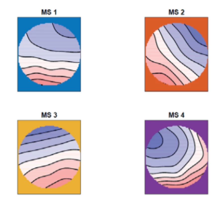 The mean of the topographic maps in the nonepileptic controls for four microstates (MS 1, MS 2,
MS 3, MS 4)