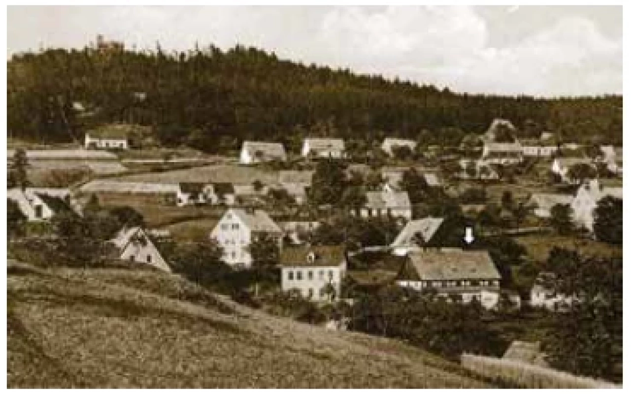 Birthplace of Ferdinand von Arlt in Obergraupen (Horní
Krupka), early 20th century (arrow) (Courtesy of L. Navrátilová,
Bc, Odbor kancelář starosty Krupka)