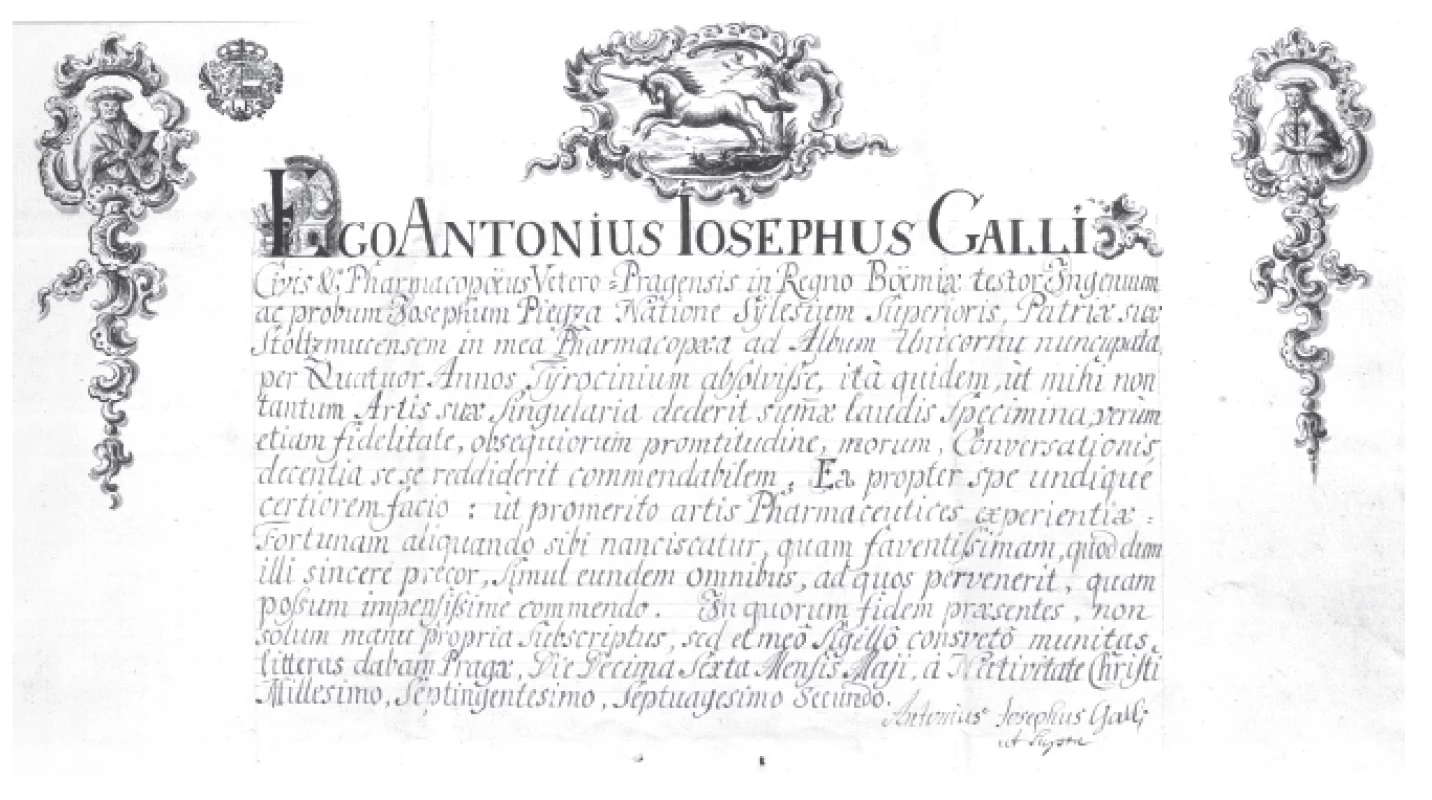 Výuční list posledního lékárníka hradčanského kapucínského kláštera bratra Absolona z Tłustomostů vydaný
16. května 1772 staroměstským lékárníkem Antonínem Josefem Galli (NA ŘK, listina 140)