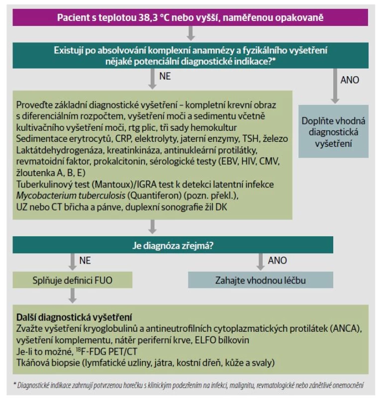 Doporučené hodnocení dlouhotrvající horečky a horečky neznámého původu.<br>
Upraveno se svolením Hersch EC, Oh RC. Prolonged febrile illness and fever of unknown origin in adults.
Am Fam Physician. 2014;90(2):95.