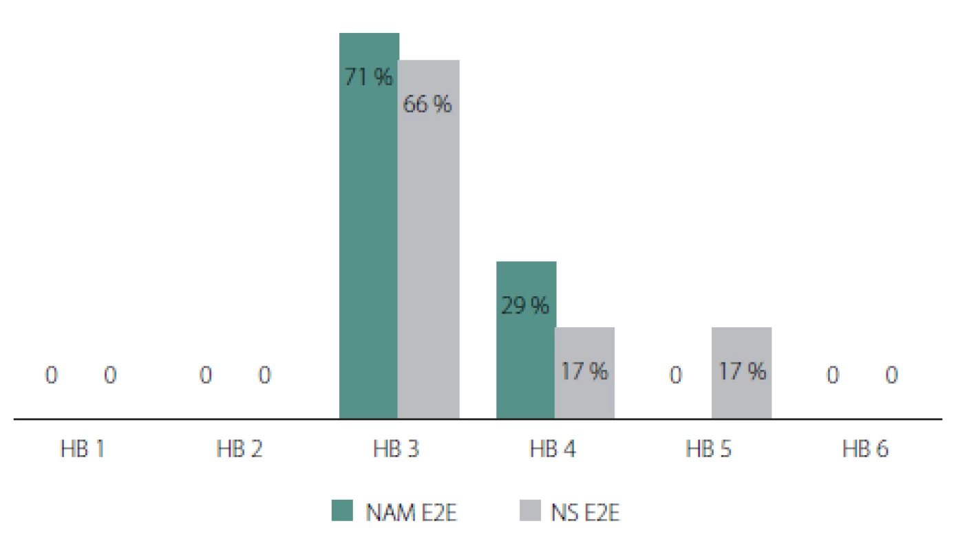 Srovnání interpozitního štěpu z NAM a NS s odstupem minimálně dvou let po
operaci. <br> 
Fig. 3 Comparison of interposite grafts from NAM and NS with an interval of at least two
years after surgery.