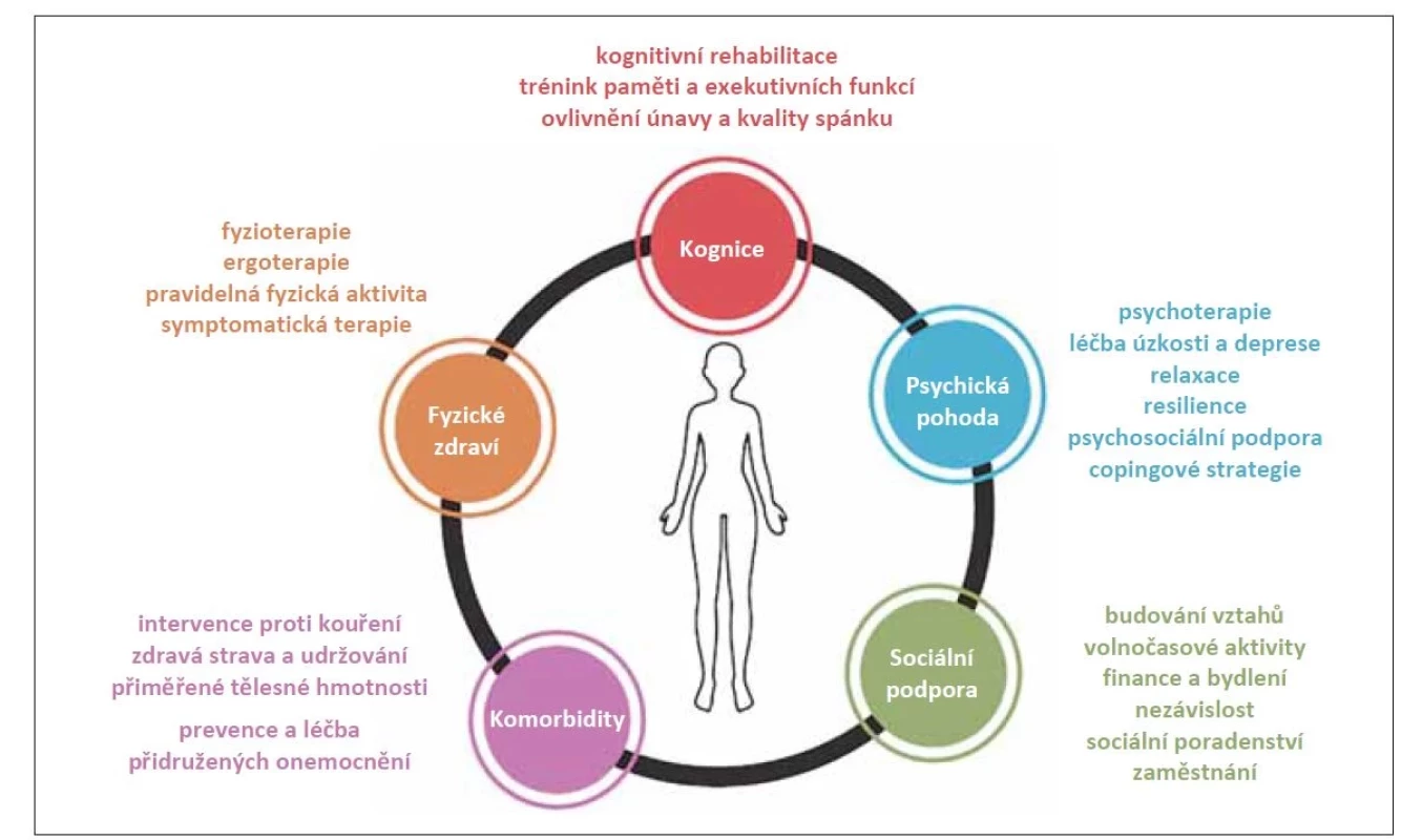 Cíle a prostředky komplexní péče o pacienta s progresivní RS. Upraveno podle [34].<br>
DMD – chorobu modifikující léky<br>
Fig. 4. Goals and means of comprehensive care for patients with progressive MS. Adapted from [34].<br>
DMD – disease-modifying drugs