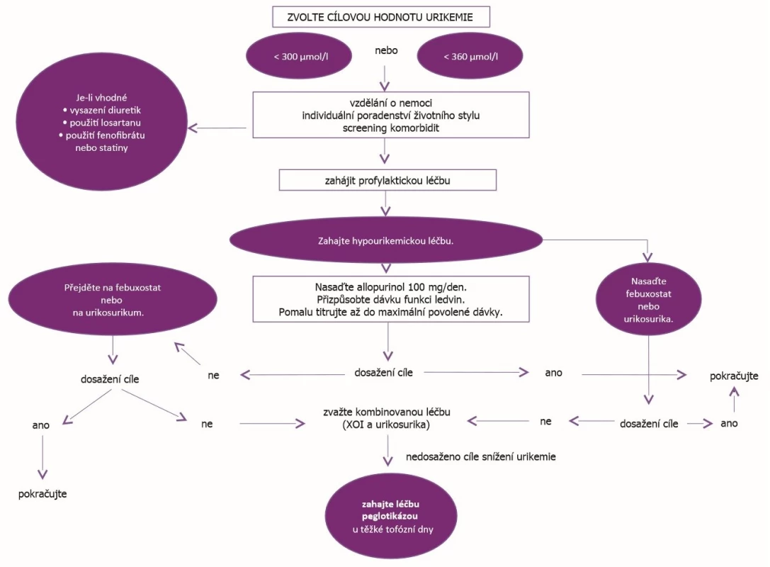 Strategie léčby hyperurikemie dle EULAR (dle Richette P, et al. Ann Rheum Dis 2017; 76: 29–42)

