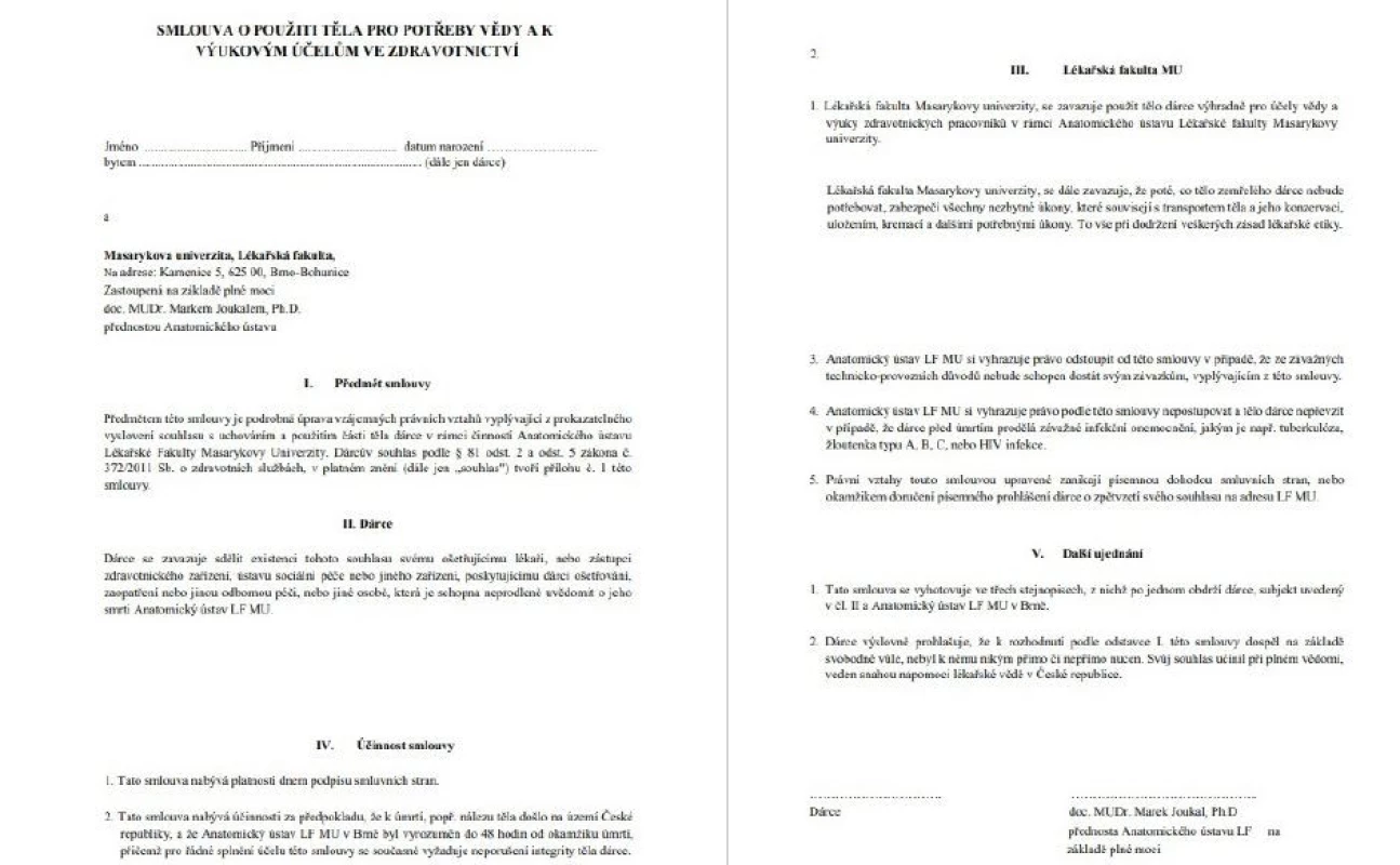 Smlouva o použití těla pro potřeby vědy a k výukovým účelům ve zdravotnictví používaná Anatomickým ústavem LF MU