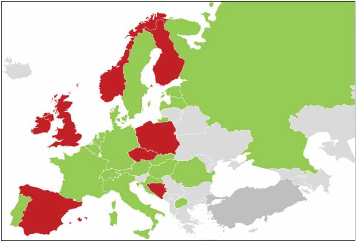 Vybrané evropské státy, ve kterých je možné uznat onemocnění páteře jako nemoc z povolání (zelená), ve kterých to možné
  není (červeně). Stav k roku 2021. Autor obrázku: prof. MUDr. Daniela Pelclová, CSc. <br> 
Fig. 1 Selected European states in which it is possible to recognize spinal disease as an occupational disease (in green), and in which
it is not possible (in red). Status as of 2021. Image author: Prof. Daniela Pelclová, MD, CSc.