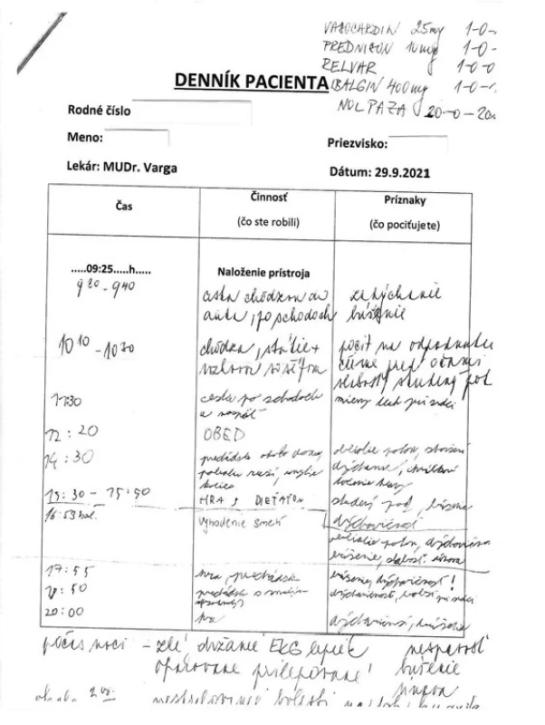 Polymorfné ťažkosti pacienta počas 24-hodinového monitoringu
EKG (Oddelenie funkčnej diagnostiky, UN - Nemocnica svätého Michala,
a. s.; 29.9.2021)