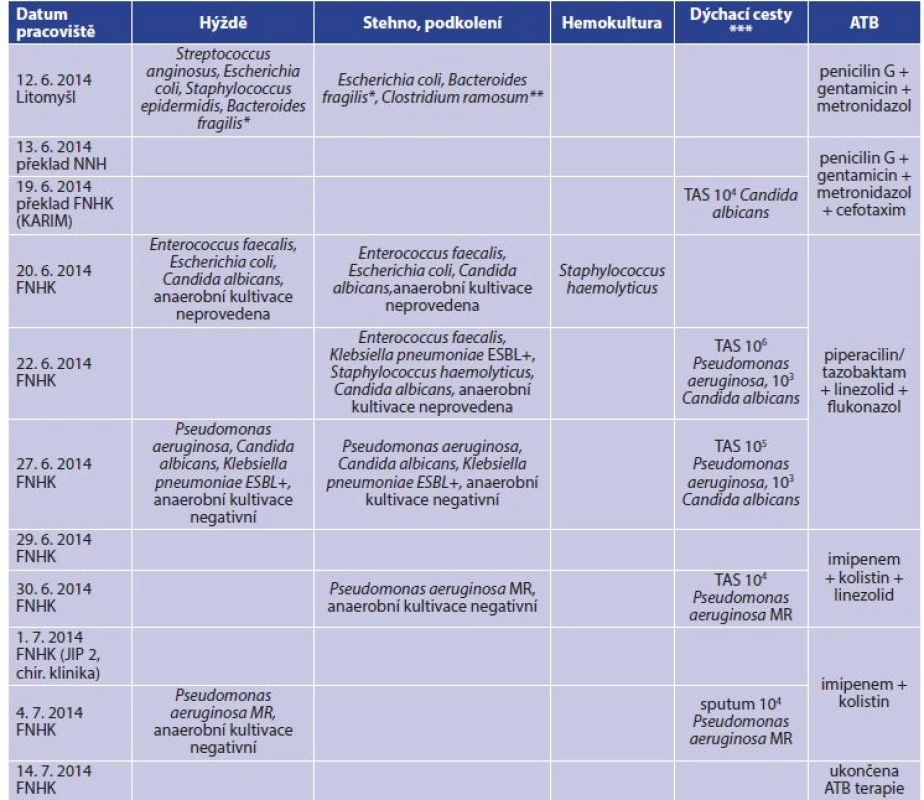 Celkový přehled kultivačních nálezů a antibiotické léčby<br>
Tab. 2: General overview of microbiological findings and antibiotherapy