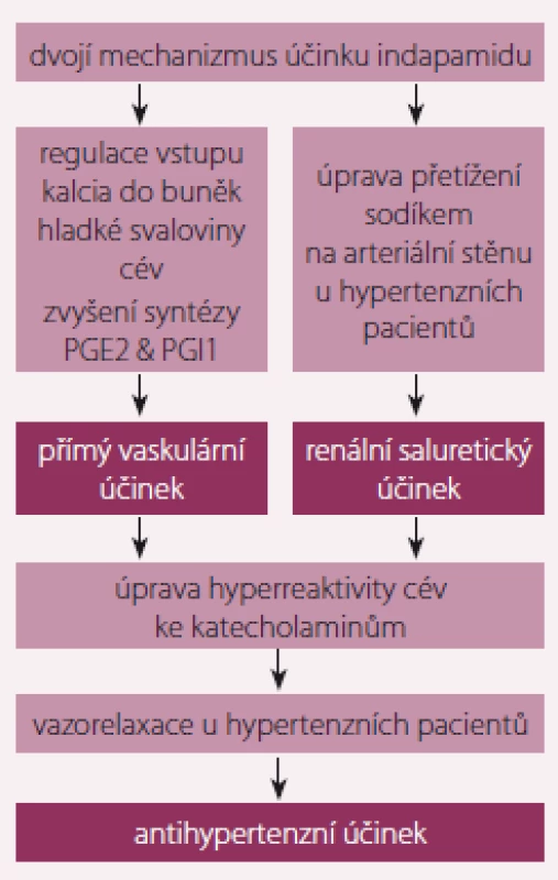 Saluretický a vazodilatační mechanizmus
účinku indapamidu.