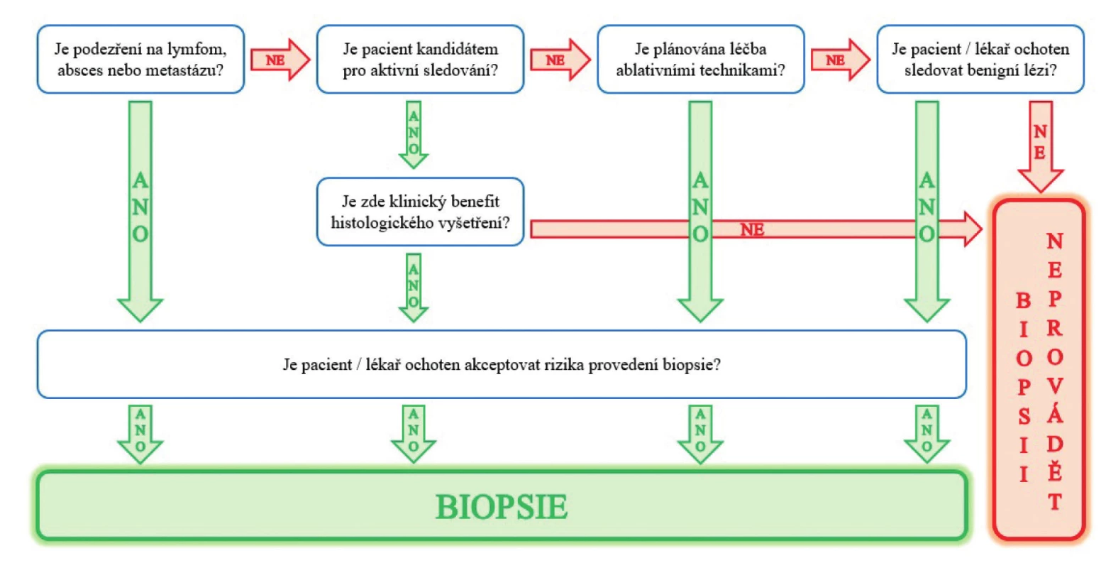 Diagram ilustrující klinická rozhodnutí před provedením biopsie ledviny (převzato a modifikováno podle
Kutikov et al. Renal Mass Biopsy: Always, Sometimes, or Never? Eur Urol. 2016; 70(3): 403–406.)<br>
Fig. 5. The diagram illustrating clinical decision prior to renal biopsy (assumed and modified from Kutikov et al.
Renal Mass Biopsy: Always, Sometimes, or Never? Eur Urol. 2016; 70(3): 403–406.)