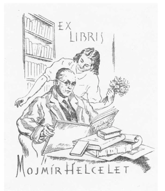 Knižní značka Mojmíra Helceleta s dcerou Evou (Miroslav Fridrich, klišé, 1942,
Památník písemnictví na Moravě)