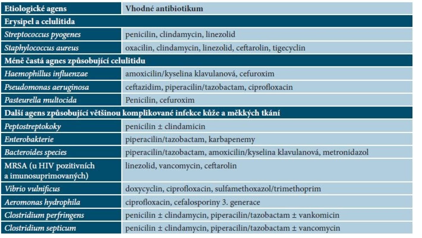 Etiologická agens infekcí měkkých tkání a jejich předpokládaná citlivost na antibiotika [1, 2, 3, 4]