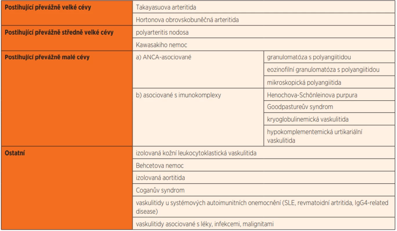 Klasifikace vaskulitid (dle International Chapel Hill Consensus Conference on the Nomenclature of Vasculitides 2012).
