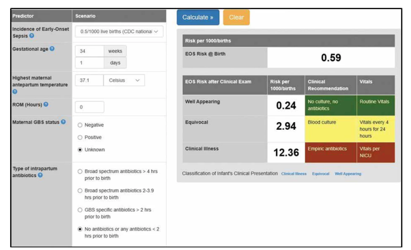 The Neonatal Early-Onset Sepsis Risk Calculator (poznámka autora: pro zadání incidence EOS, která nemusí být regionálně
známá, doporučujeme zadat incidenci EOS podle CDC: 0,5/1000 živě narozených).