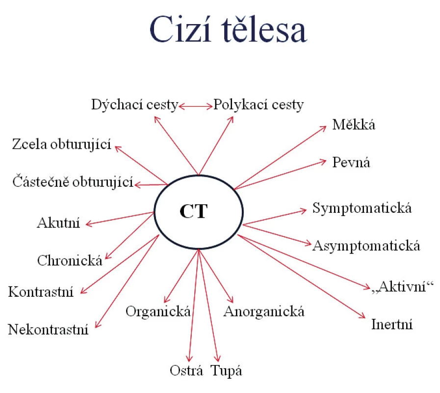 Cizí tělesa z různých úhlů pohledu.
