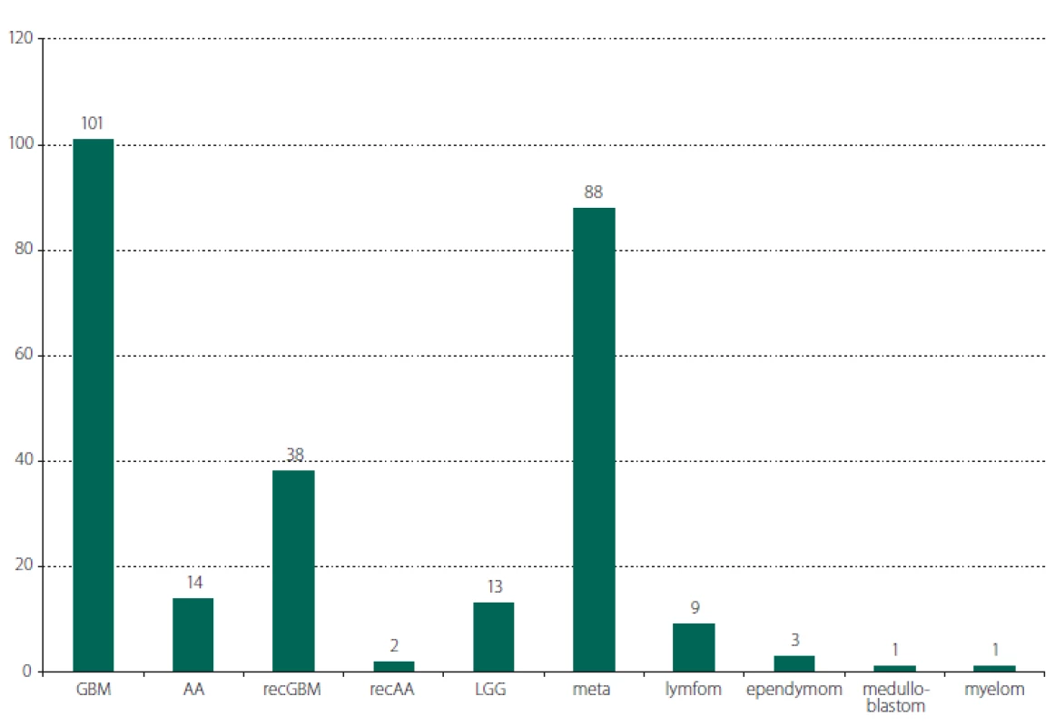 Přehled operovaných nádorů dle histopatologické diagnózy.
AA – anaplastický astrocytom; GBM – multiformní glioblastom; LGG – nízkostupňový gliom; meta – metastáza; myelom – myelom kosti
s prorůstáním intraparenchymově; recAA – recidiva anaplastického astrocytomu; recGBM – recidiva multiformního glioblastomu<br>
Fig. 1. Survey of the operated tumors according to the histopatological diagnosis.
AA – anaplastic astrocytoma; GBM – glioblastoma multiforme; LGG – low grade glioma; meta – metastasis; myelom – myeloma of the skull
growing intraparenchymally; recAA – recurrence of anaplastic astrocytoma; recGBM – recurrence of glioblastoma multiforme