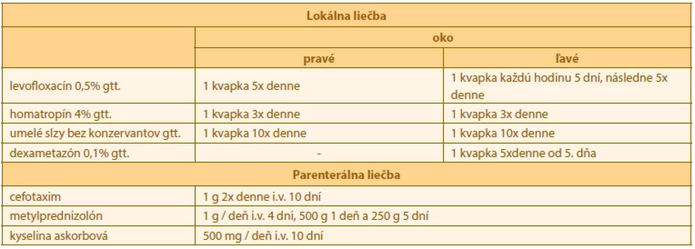 Úvodný liečebný režim pacientky s akútnym chemickým poleptaním zásadou podávaný počas hospitalizácie na našej
klinike od 30. 1. 2021 do 8. 2. 2021