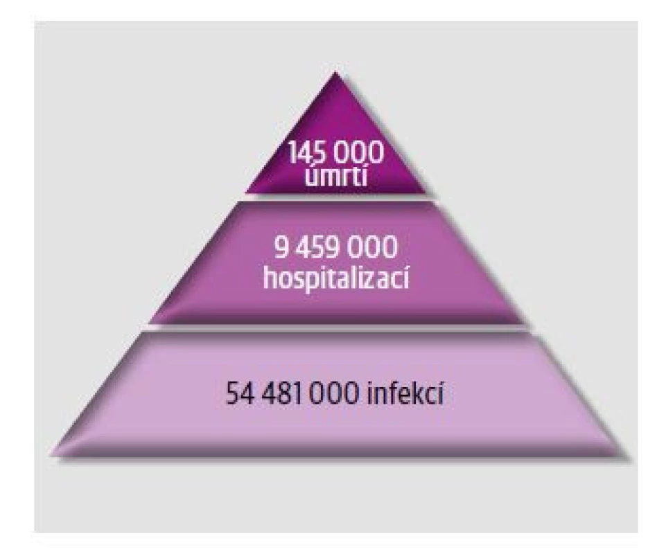 Pyramida výskytu chřipky. Infekce dýchacích
cest, hospitalizace a úmrtí spojená s chřipkou
ve všech věkových kategoriích v roce 2017 (celosvětově).
[Upraveno podle: Global Burden of Disease
Study 2017 Influenza Collaborators. Lancet
Respir Med 2019;7:69–89.]