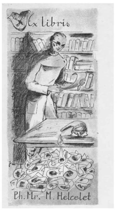 Knižní značka Mojmíra Helceleta – farmaceutické
exlibris (Jiří Vláčil, autotypie, 1944, Památník písemnictví na
Moravě)