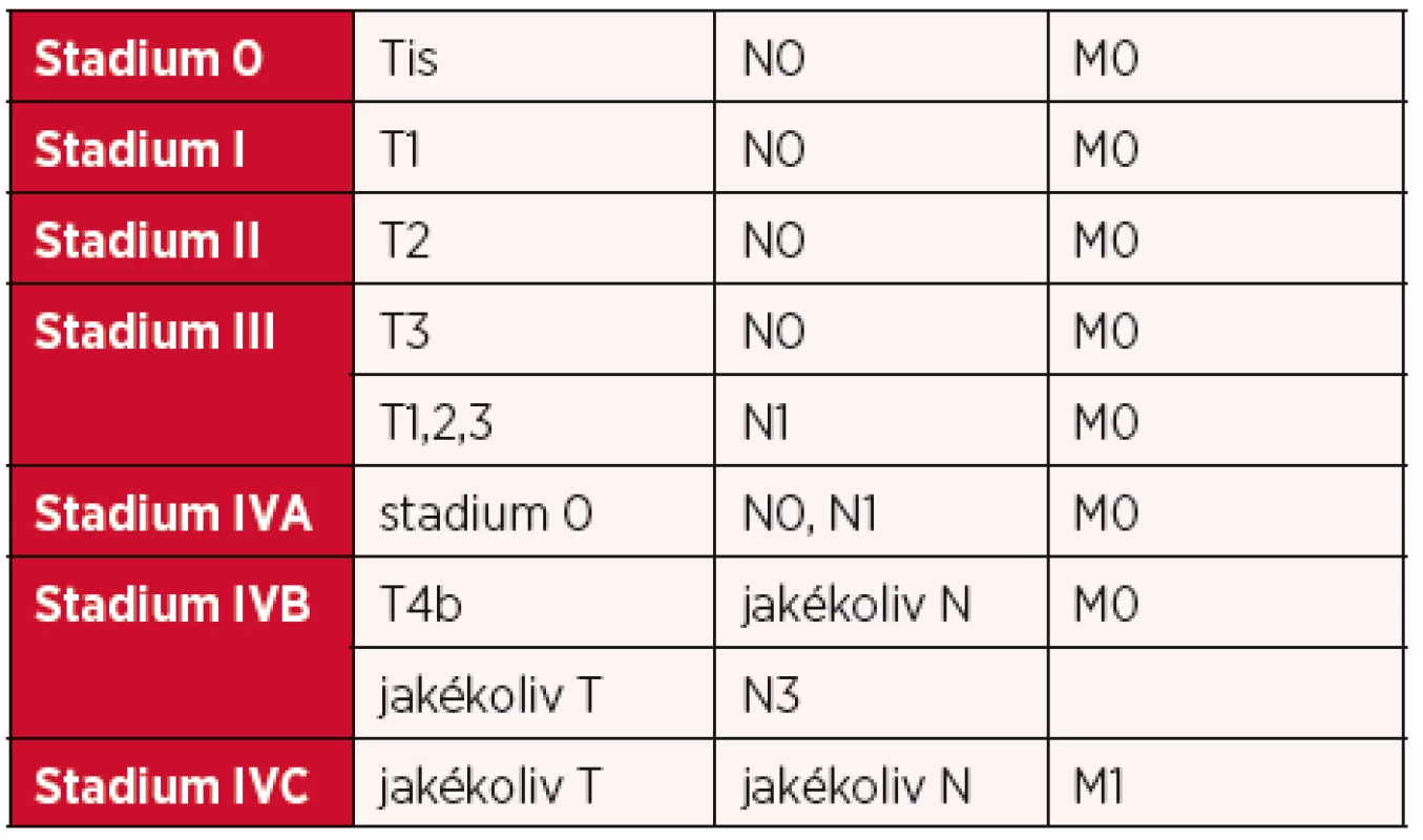 Karcinom laryngu TNM klasifikace 8. vydání, rozdělení do stadií