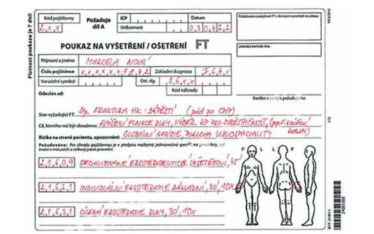 Ukázka vyplněného poukazu na ergoterapii