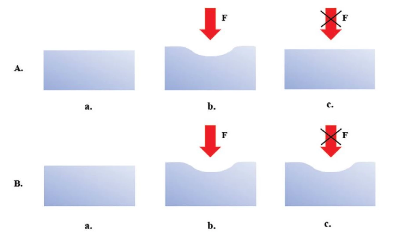 Elastická a plastická
deformace<br>
A. Znázornění elastické
deformace;<br>
a – vzorek testovaného
materiálu,<br>
b – síla působící na vzorek
způsobující deformaci,<br>
c – po odstranění působící
síly se těleso vrátí do
původního stavu před
deformací.<br>
B. Znázornění plastické
deformace;<br>
a – vzorek testovaného
materiálu,<br>
b – síla působící na vzorek
způsobující deformaci,<br>
c – po odstranění působící
síly přetrvává trvalá
deformace materiálu.<br>
Fig. 3 Elastic and plastic
deformation<br>
A. Description of elastic
deformation;<br>
a – sample of testing material,<br>
b – the force acting on sample
causes deformation,<br>
c – after removal of the
applied force, the body returns
to its original state before
deformation.<br>
B. Description of plastic
deformation;<br>
a – sample of testing material,<br>
b – the force acting on sample
causes deformation,<br>
c – after removal of applied
force, permanent deformation
of the material persists.