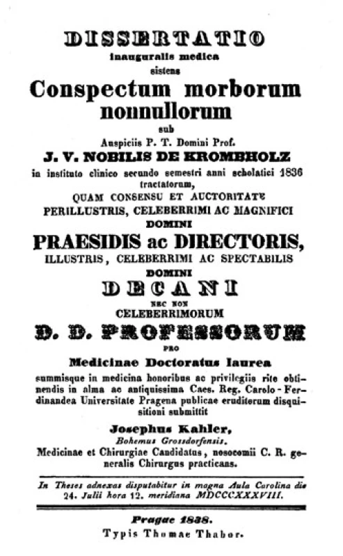 Titulní strana pražské disertace Josefa
Kahlera (1838)