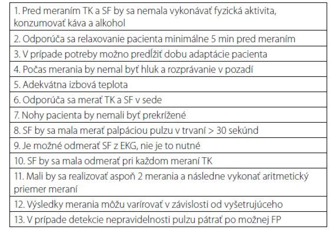 Odporúčania pre štandardizované meranie TK a SF v pokoji (upravené
podľa 1, 2)