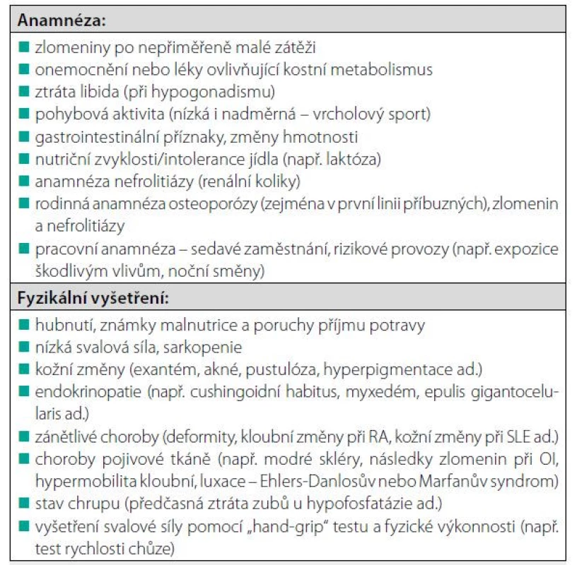 Anamnéza a fyzikální vyšetření při podezření na metabolické
onemocnění skeletu