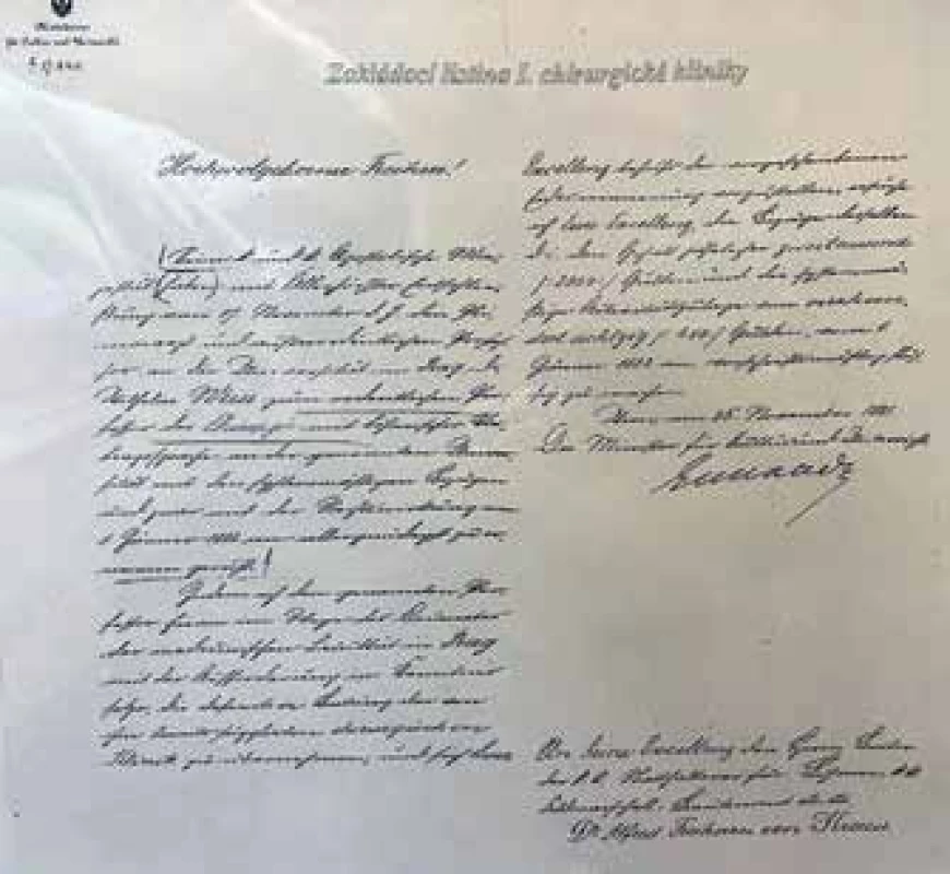  Zakládací listina I. Chirurgické kliniky (překlad 
z němčiny viz níže)