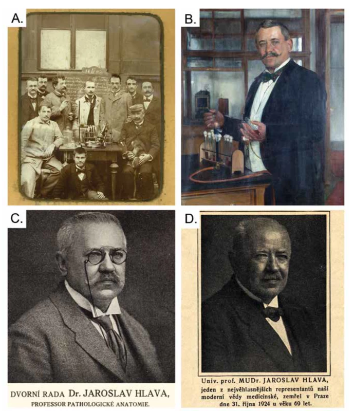 A - Jaroslav Hlava (sedící vpravo). Sedící první zleva Ivan Honl. Fotografie z roku 1896 (z archivu prim. MUDr. Martina Syrůčka, pravnuka Ivana
Honla). B - Jaroslav Hlava na obrazu Josefa Schussera z roku 1898. C - Fotografire Jaroslava Hlavy uveřejněná při příležitosti jeho 60 narozenin.
D - fotografie Jaroslava Hlavy uveřejněná při jeho úmrtí.