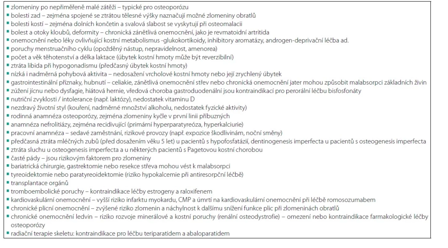 Anamnéza při podezření na metabolické onemocnění skeletu (upraveno podle 14)