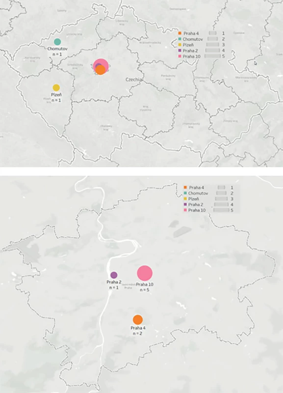 Geographical dispersion of death after circulatory
arrest donors in the Czech Republic used for liver retrieval
by the transplant team ofthe Transplant Surgery Department, Institute for Clinical and Experimental Medicine