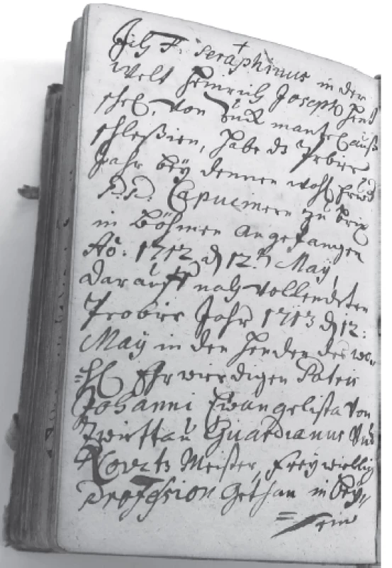 Vlastnoruční rukopis řádového slibu bratra Serafína ze
Zlatých hor (NA ŘK, rukopis 314, Liber Neo-Professorum ab
anno 1689, fol. 102v)