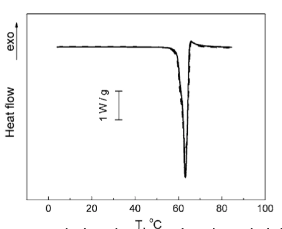 Normalized DSC thermograms of TA melting: individual TA (solid line); mixture TA : PH 2 : 1 (w/w) (dashed line)
