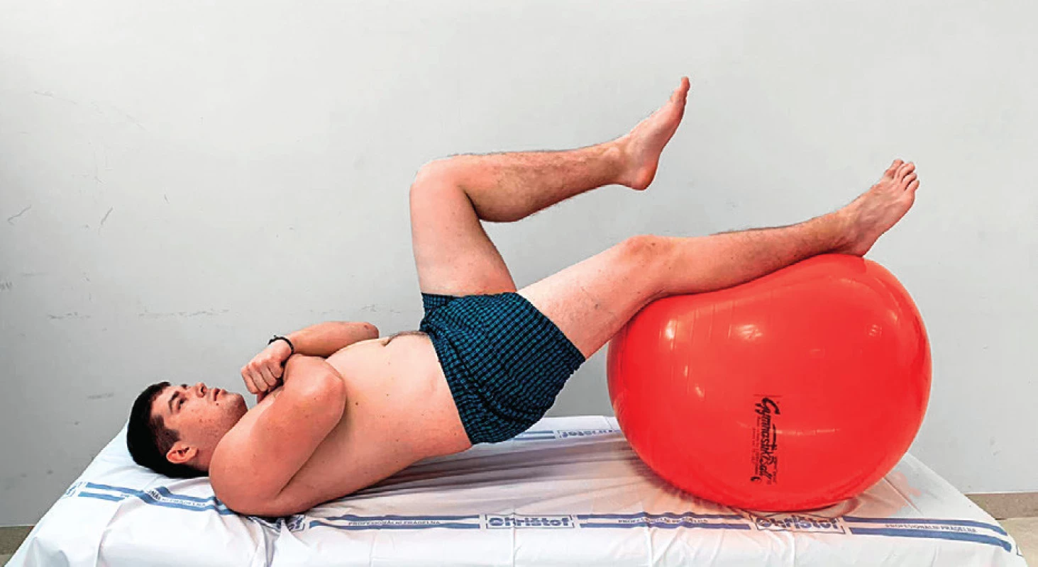 Izometrické posilování m. quadriceps femoris a hamstringů s gymnastickým míčem.
