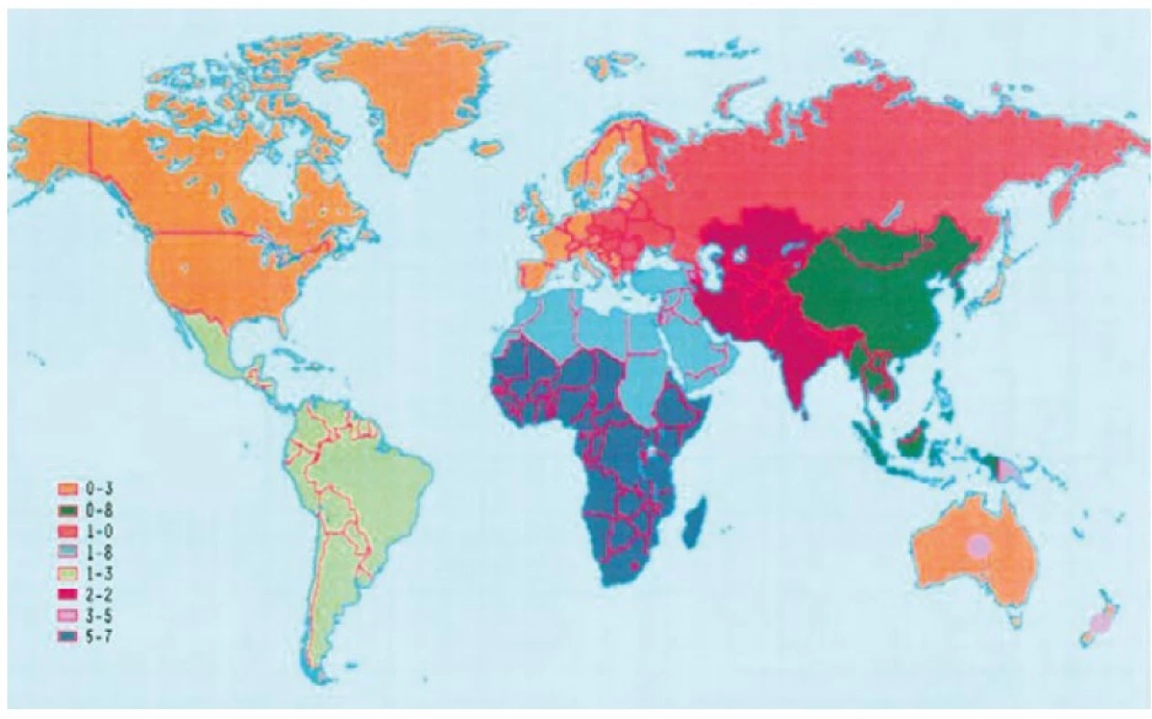 Geografické rozdíly v prevalenci revmatické choroby srdeční v poměru 0–3 až 5–7 na 1000 dětí ve věku 5–14 let podle Mirabel M, et al. (8)
