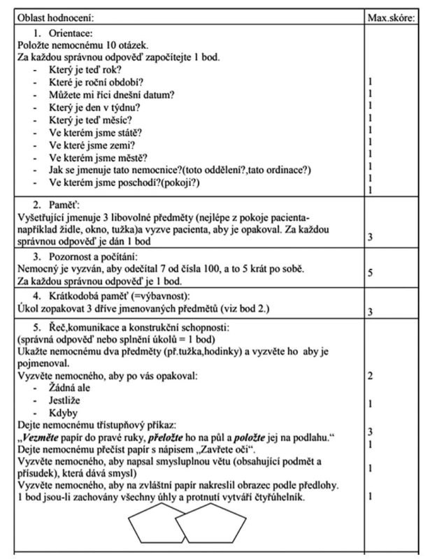 Test kognitivních funkcí Mini Mental State Exam (MMSE)