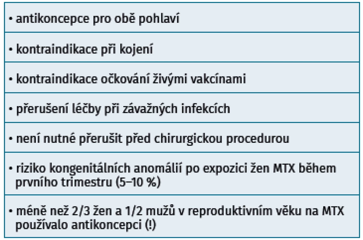 Bezpečnostní aspekty léčby MTX (podle Fuerst M. Rheumatol Int 2006; Pieringer H. Clin Rheumatol 2008)