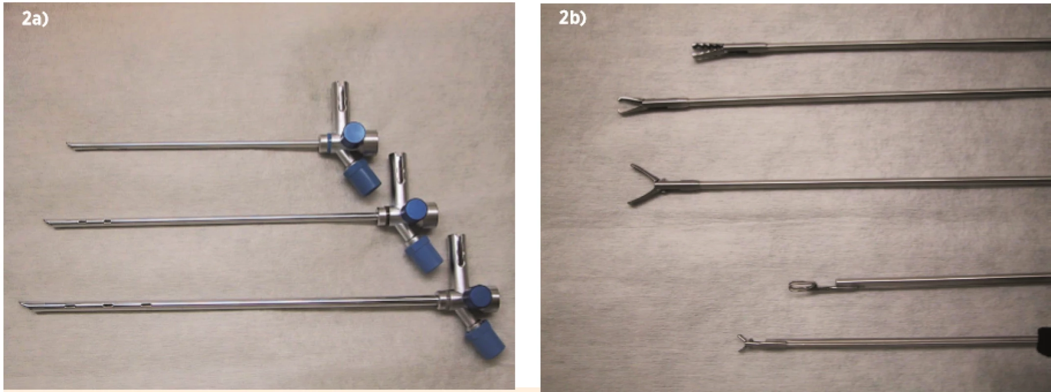Sada rigidných detských bronchoskopov: a) rôznej veľkosti a b) chapáky rôzneho druhu.<br> Fig. 2. A set of rigid pediatric bronchoscopes in: a) different sizes and b) grippers of different types.
