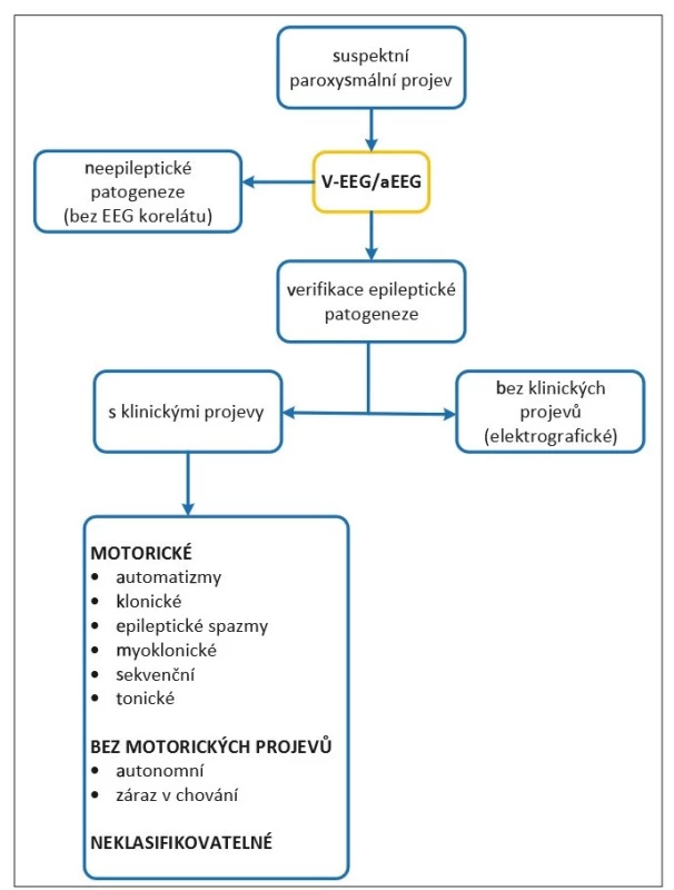 Diagnostický algoritmus a klasifikace novorozeneckých záchvatů dle International
League Against Epilepsy 2018 [43].<br>
aEEG – amplitudová EEG; V-EEG – video-EEG<br>
Fig. 2. Diagnostic algorithm and neonatal seizure classification by the International League
Against Epilepsy 2018 [43].<br>
aEEG – amplitude-integrated EEG; V-EEG – video-EEG
