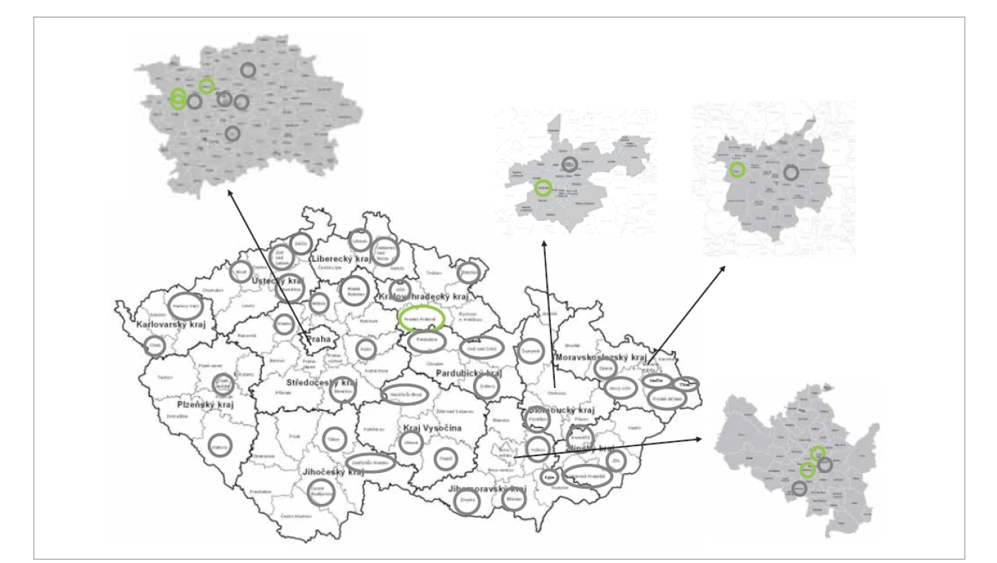 Pracoviště provádějící kostní sluchové implantáty (zelená – provádějící, šedá – neprovádějící).<br>
Fig. 9. Departments implanting bone anchored hearing advices (green – perform, grey – do not perform).