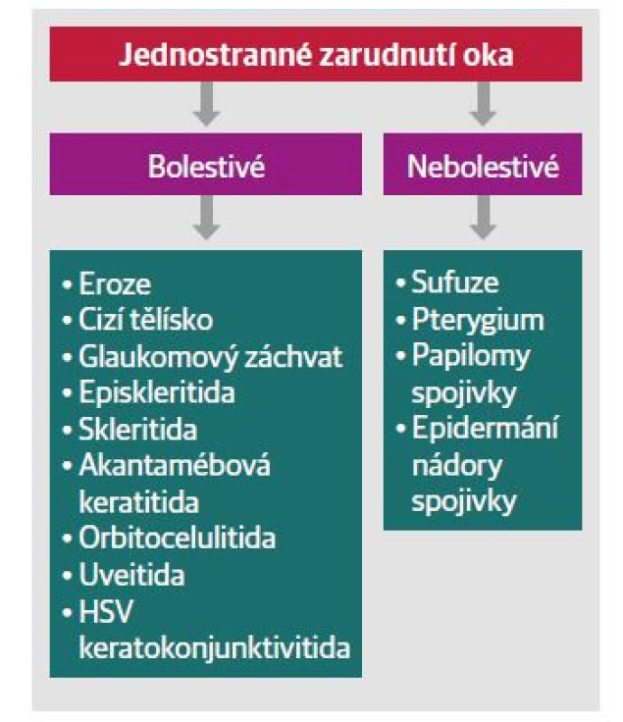 Algoritmus diferenciální diagnostiky u jednostranného
zarudnutí oka.