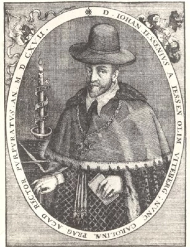Ján Jesenský – Jessenius na dobové rytině z roku 1617  jako rektor pražské univerzity
